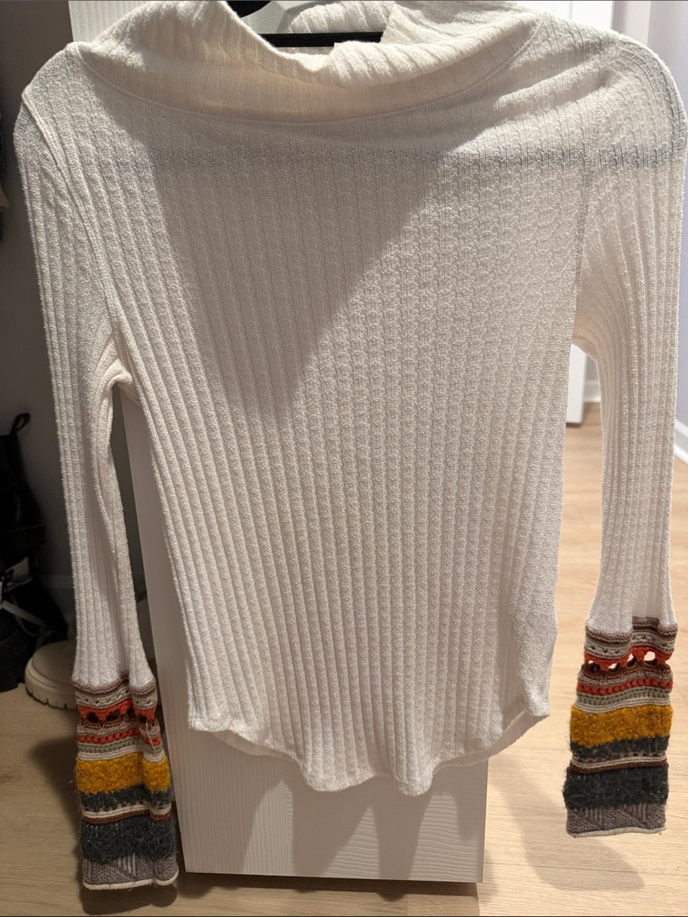 Free People Cream Ribbed Long Sleeve Top with Multicolor Crocheted Cuffs
